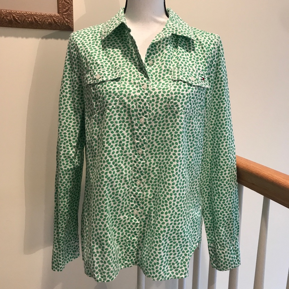 EUC! Tommy Hilfiger Green Leaf Button Down Top
